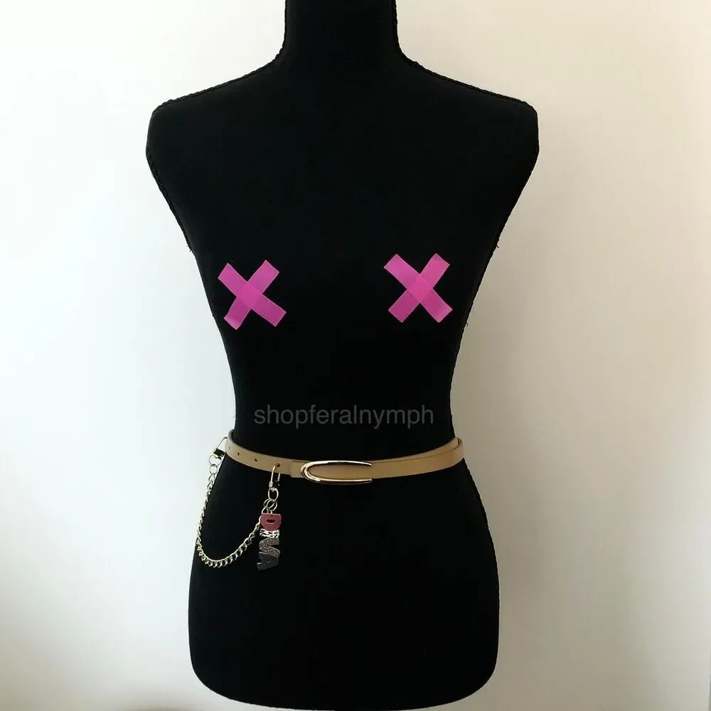 Tan Y2K Diva Charm Skinny Faux Leather Chain Belt, Fits 36.5-39 Inches, X7GA1239